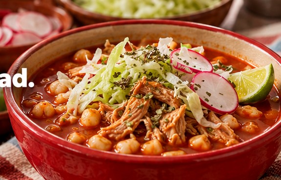 Pozole rojo con carne de cerdo, maíz pozolero y guarniciones en cazo de barro rojo con interior beige