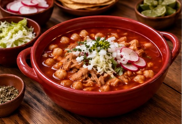 Cazuela roja de pozole servida con rábano, lechuga, carne y maíz
